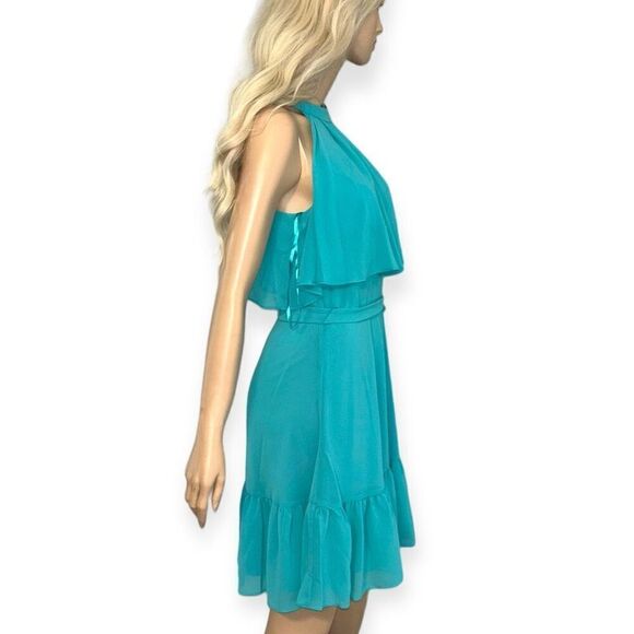 ELIZA J Halter Neck Tiered Popover Dress In Turquoise Blue Size 10 NEW - Picture 5 of 11